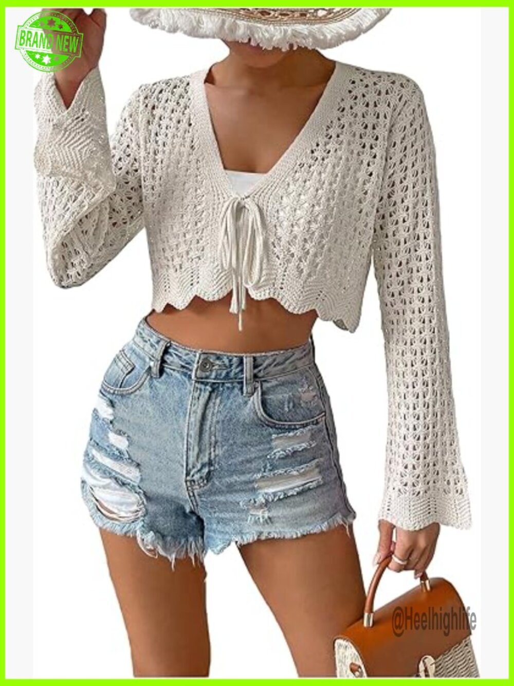 Crochet Tie Front Bell Sleeve Cropped Cardigan Summer Boho Top